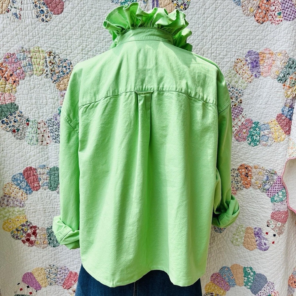 Upcycled Cape Cod GAP Lime Green Oxford Cloth Cropped Ruffle Collar Shirt‎ XXL - Picture 6 of 10